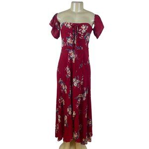Band Of Gypsies Womens Red Floral Lace-Up Maxi Dress Off Shoulder Sz M - New